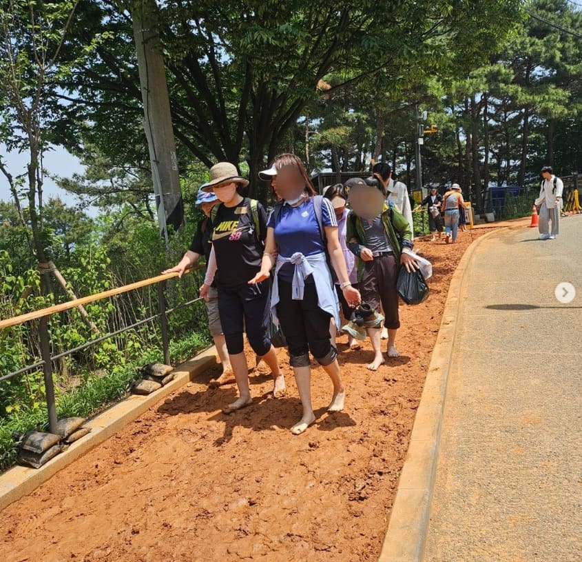 붉은 흙길 산행로를 걷는 참가자들, 흰지팡이를 든 참가자 포함